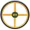 A stylized gold and black wheel emblem with four thick spokes forming a cross shape inside a circular rim. The outer edge resembles a black tire tread, while the center hub is dark green with the gold letters ‘MTM’ displayed prominently.