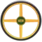 A stylized gold and black wheel emblem with four thick spokes forming a cross shape inside a circular rim. The outer edge resembles a black tire tread, while the center hub is dark green with the gold letters ‘MTM’ displayed prominently.